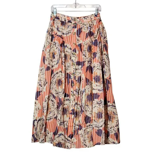 Anthropologie Stripe Floral Button Front A-Line Midi Skirt Cotton Red Blue S - Picture 1 of 15